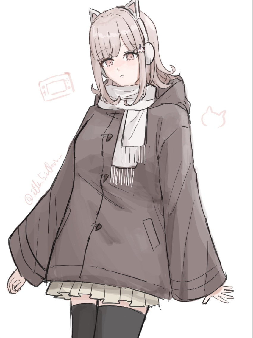 1girl animal_ear_headphones animal_ears artist_name black_thighhighs brown_jacket cat_ear_headphones cat_ears cowboy_shot danganronpa_(series) danganronpa_2:_goodbye_despair dontsu_(illu5i0ns) fake_animal_ears hair_ornament headphones highres hood hood_down jacket long_sleeves medium_hair miniskirt nanami_chiaki pink_eyes pleated_skirt scarf simple_background skirt solo thigh-highs white_background
