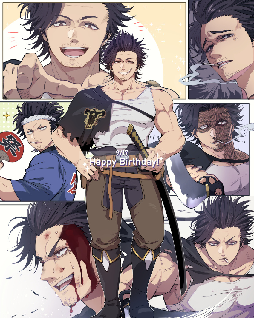 1boy absurdres black_bulls_(emblem) black_capelet black_clover black_footwear black_hair bleeding_from_forehead blood blood_on_face boots capelet cigarette closed_mouth facial_hair happy_birthday highres holding holding_sword holding_weapon katana light_frown muscular muscular_male nekoma_hikaru open_mouth paneled_background pointing short_hair smile smoking stubble sword tank_top weapon white_tank_top yami_sukehiro