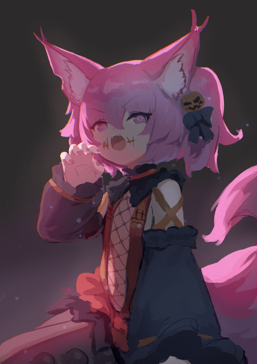 1girl absurdres animal_ear_fluff animal_ears arknights black_sleeves chack520 claw_pose commentary_request detached_sleeves food-themed_hair_ornament fox_ears fox_girl fox_tail hair_ornament hand_up highres long_sleeves looking_at_viewer open_mouth pink_eyes pink_hair pumpkin_hair_ornament shamare_(arknights) solo tail teeth twintails upper_teeth_only