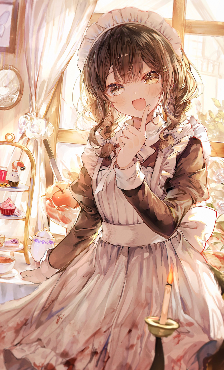 1girl :d absurdres alternate_costume apron black_dress blood blood_on_clothes blush braid brown_hair cake cup curtains dress enmaided food frilled_apron frills hair_ornament highres holding holding_tray index_finger_raised indoors knife long_sleeves looking_at_viewer maid maid_apron maid_headdress noyu_(noyu23386566) open_mouth puffy_sleeves smile solo tray twin_braids white_apron window