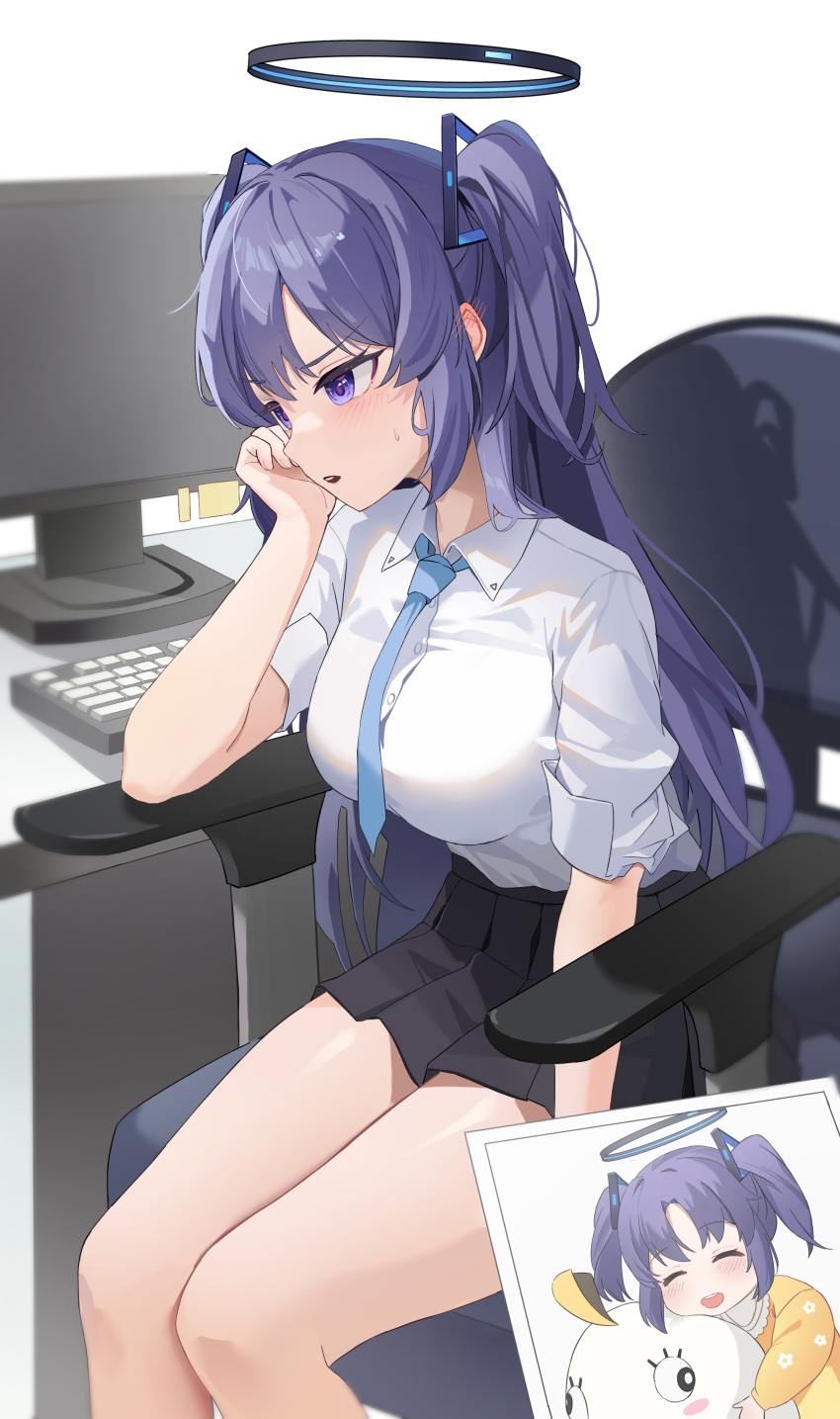 1girl absurdres aged_down black_skirt blue_archive blue_necktie breasts chair collared_shirt elbow_rest halo hand_on_own_cheek hand_on_own_face highres jbell keyboard_(computer) large_breasts long_hair miniskirt monitor necktie office_chair parted_bangs photo_(object) pleated_skirt purple_hair shirt sitting skirt swivel_chair two_side_up violet_eyes white_shirt yuuka_(blue_archive)