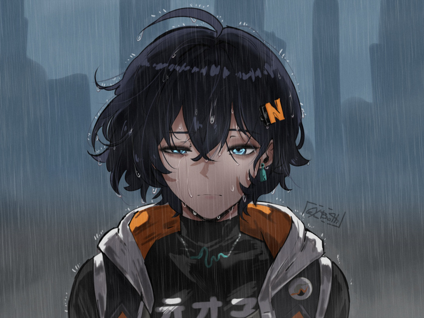 1girl absurdres ahoge artist_name belle_(zenless_zone_zero) black_shirt blue_eyes blue_hair chainsaw_man closed_mouth commentary earrings english_commentary glowing glowing_eyes gy_beth hair_between_eyes hair_ornament half-closed_eye highres hood hooded_jacket jacket jewelry letter_hair_ornament looking_at_viewer meme necklace night outdoors portrait rain reze's_eye_twitch_(chainsaw_man) scene_reference shirt short_hair single_earring sleeveless sleeveless_jacket solo straight-on turtleneck wet wet_clothes wet_face wet_hair zenless_zone_zero