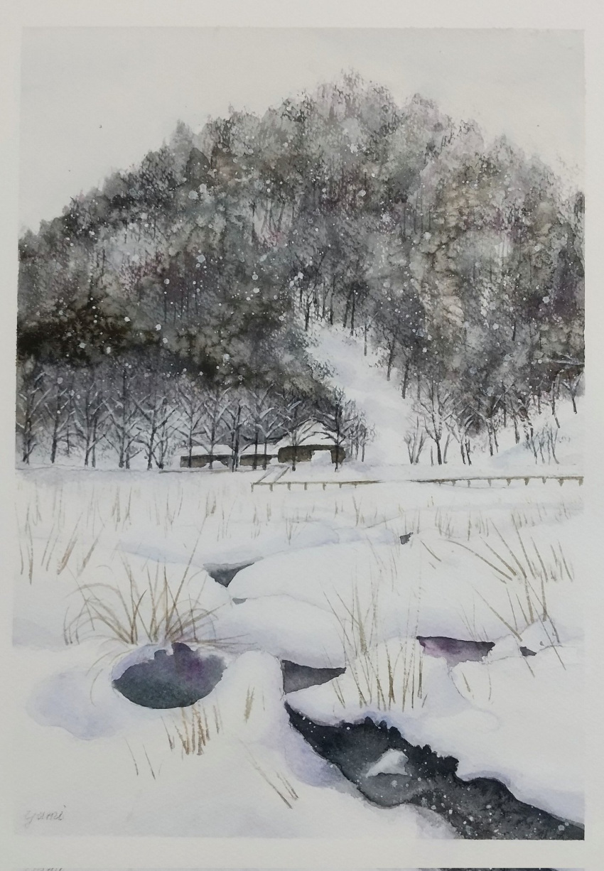 building day field forest grass grey_sky highres hill miyuchan777 nature original painting_(medium) scenery sky snow snowing traditional_media tree watercolor_(medium)