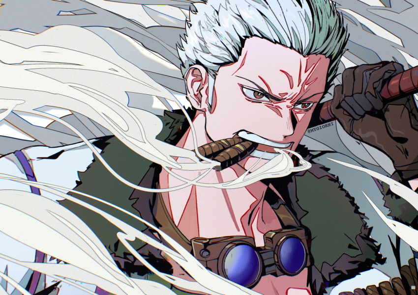 1boy artist_name brown_eyes brown_gloves cigar commentary english_commentary fur-trimmed_jacket fur_trim gloves goggles goggles_around_neck highres holding holding_weapon jacket male_focus mygiorni one_piece open_mouth short_hair smoke smoker_(one_piece) smoking solo teeth weapon white_hair