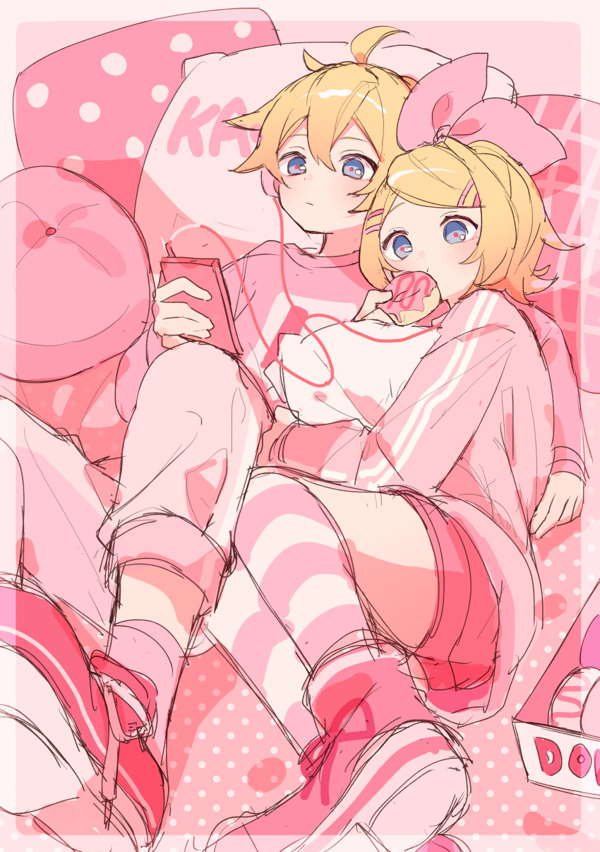 1boy 1girl :t absurdres ahoge arm_around_shoulder bed_sheet blonde_hair blue_eyes bow character_name double_vertical_stripe doughnut earphones eating food foreshortening hair_between_eyes hair_bow hair_ornament hairclip highres holding holding_doughnut holding_food holding_phone hug hugging_object in_cell kagamine_len kagamine_rin kneehighs looking_at_object looking_at_phone lying on_back on_side pants phone pillow pillow_hug pink_bow pink_footwear pink_pants pink_pillow pink_polka_dots pink_pupils pink_shorts pink_socks pink_sweater pink_theme plaid_pillow polka_dot sazanami_(ripple1996) shared_earphones shoes short_hair shorts sneakers socks spiky_hair striped striped_socks sweater swept_bangs vocaloid