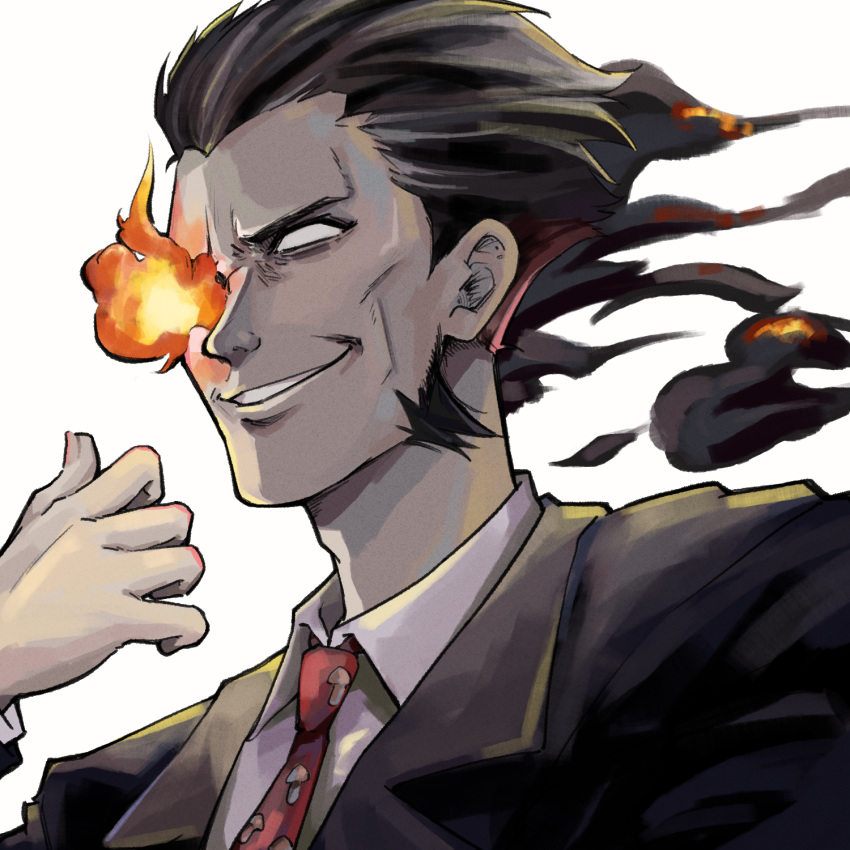1boy blank_eyes bowl_cut burning chandra_hume_(choujin_x) choujin_x closed_mouth collared_shirt cropped_torso facing_to_the_side fiery_hair fire formal grey_eyes highres looking_at_viewer male_focus mullet necktie pyrokinesis red_necktie shirt short_hair sideburns simple_background smile smoke smoke_choujin smoke_trail solo suit suit_jacket upper_body white_background yuma_kahara