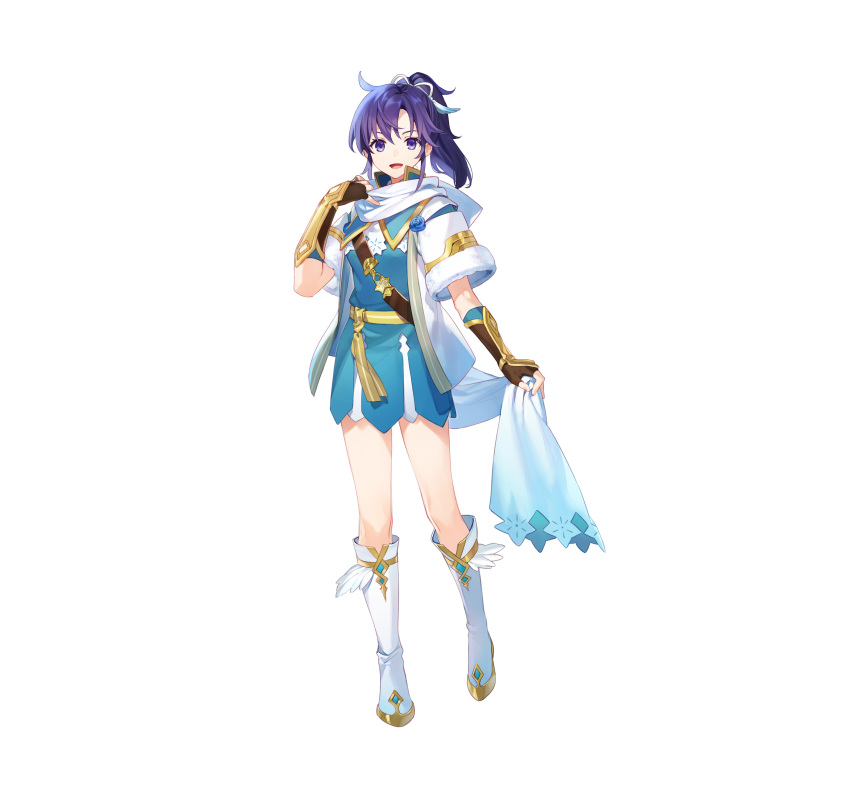 1girl absurdres alternate_costume arm_guards asahikawa_hiyori belt boots commentary dress feather_trim fingerless_gloves fir_(fire_emblem) fire_emblem fire_emblem:_the_binding_blade fire_emblem_heroes full_body fur_trim gloves gold_trim gradient_clothes hand_up highres holding knee_boots long_hair official_alternate_costume official_art open_mouth purple_hair scarf short_dress short_sleeves side_ponytail simple_background smile solo standing violet_eyes white_background