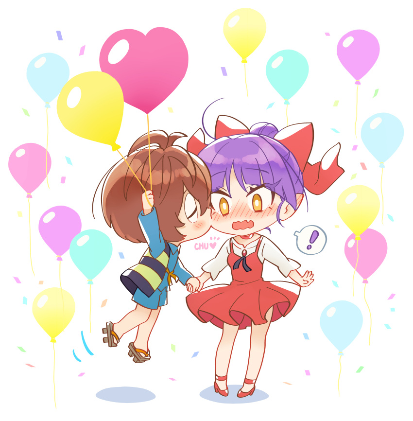 ! 1boy 1girl absurdres balloon blush bow brown_hair closed_eyes commentary_request floating gegege_no_kitarou hair_bow hetero highres holding holding_balloon holding_hands kiss kissing_cheek kitarou nekomusume nekomusume_(gegege_no_kitarou_6) purple_hair red_footwear sandals short_hair silanduqiaocui spoken_exclamation_mark yellow_eyes