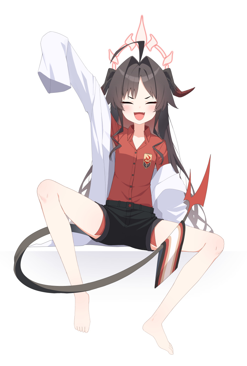 1girl absurdres ahoge barefoot black_hair black_horns black_shorts black_tail blue_archive coat collared_shirt facing_viewer fang h9_99999 hair_intakes highres horns kasumi_(blue_archive) lab_coat long_hair open_mouth red_shirt shirt shirt_tucked_in shorts simple_background sleeves_past_fingers sleeves_past_wrists smile solo white_background white_coat
