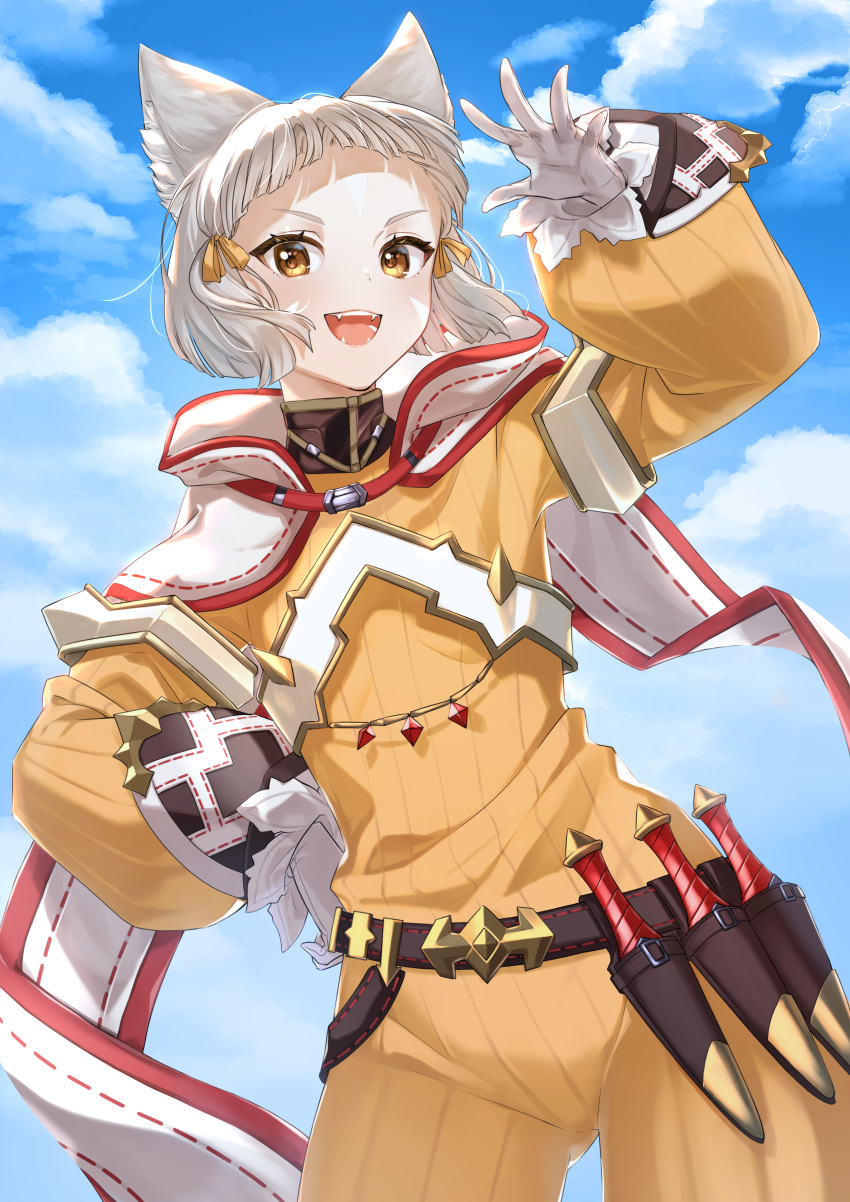 1girl :d absurdres animal_ear_fluff animal_ears arm_up blue_sky bodysuit brown_bodysuit brown_eyes clouds cloudy_sky commentary_request cowboy_shot dagger day fangs forehead gloves grey_hair hand_on_own_hip highres hijiri_(sacra_0419) knife long_sleeves looking_at_viewer nia_(xenoblade) outdoors puffy_long_sleeves puffy_sleeves sheath sheathed short_hair sky sleeves_past_wrists smile solo standing thick_eyebrows v-shaped_eyebrows weapon white_gloves xenoblade_chronicles_(series) xenoblade_chronicles_2