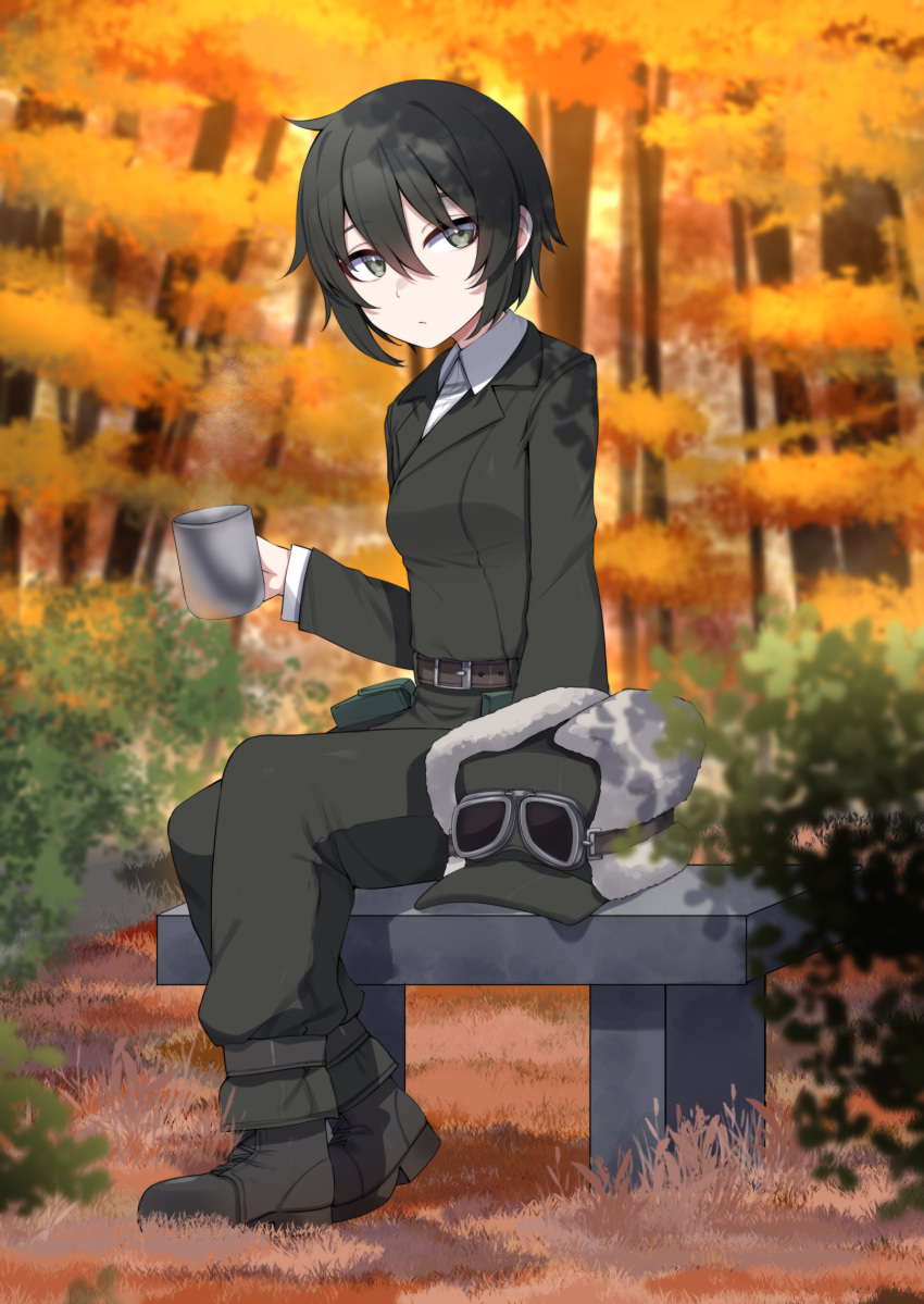 1girl autumn_leaves belt black_hair boots breasts collared_shirt commission cup forest fur_hat goggles goggles_on_headwear green_eyes green_jacket green_pants hair_between_eyes hat highres holding holding_cup jacket kino_(kino_no_tabi) kino_no_tabi nature pants pouch shirt short_hair sitting solo unworn_headwear valefal_coneri white_shirt