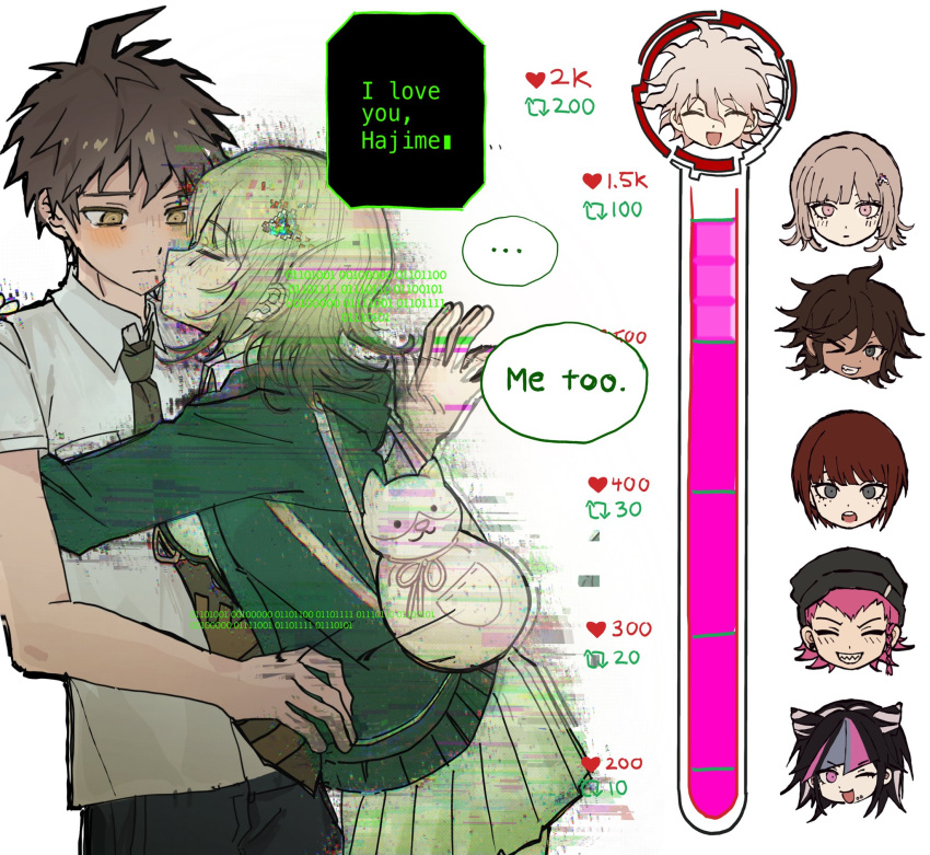 3boys 4girls ahoge animal_bag black_pants blush brown_eyes brown_hair brown_skirt cat_bag closed_eyes collared_shirt danganronpa_(series) danganronpa_2:_goodbye_despair english_commentary english_text from_side glitch green_necktie grey_shirt highres hinata_hajime kiss kiss_meter_(meme) koizumi_mahiru komaeda_nagito medium_hair meme miniskirt mioda_ibuki mk_mikioo multiple_boys multiple_girls nanami_chiaki necktie owari_akane pants pink_bag pleated_skirt shirt short_hair short_sleeves skirt soda_kazuichi speech_bubble