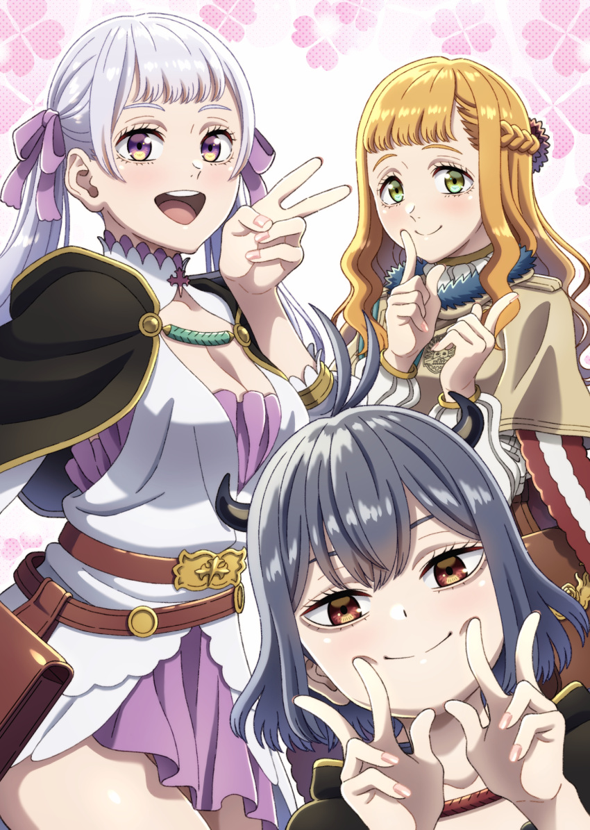 3girls black_capelet black_clover black_clover:_sword_of_the_wizard_king blue_hair blunt_bangs bob_cut capelet closed_mouth dress finger_counting green_eyes grey_hair highres horns jacket long_hair looking_at_viewer low_twintails mimosa_vermillion misopetha-menos multiple_girls noelle_silva open_mouth orange_hair purple_dress red_eyes secre_swallowtail short_hair smile twintails v violet_eyes white_jacket