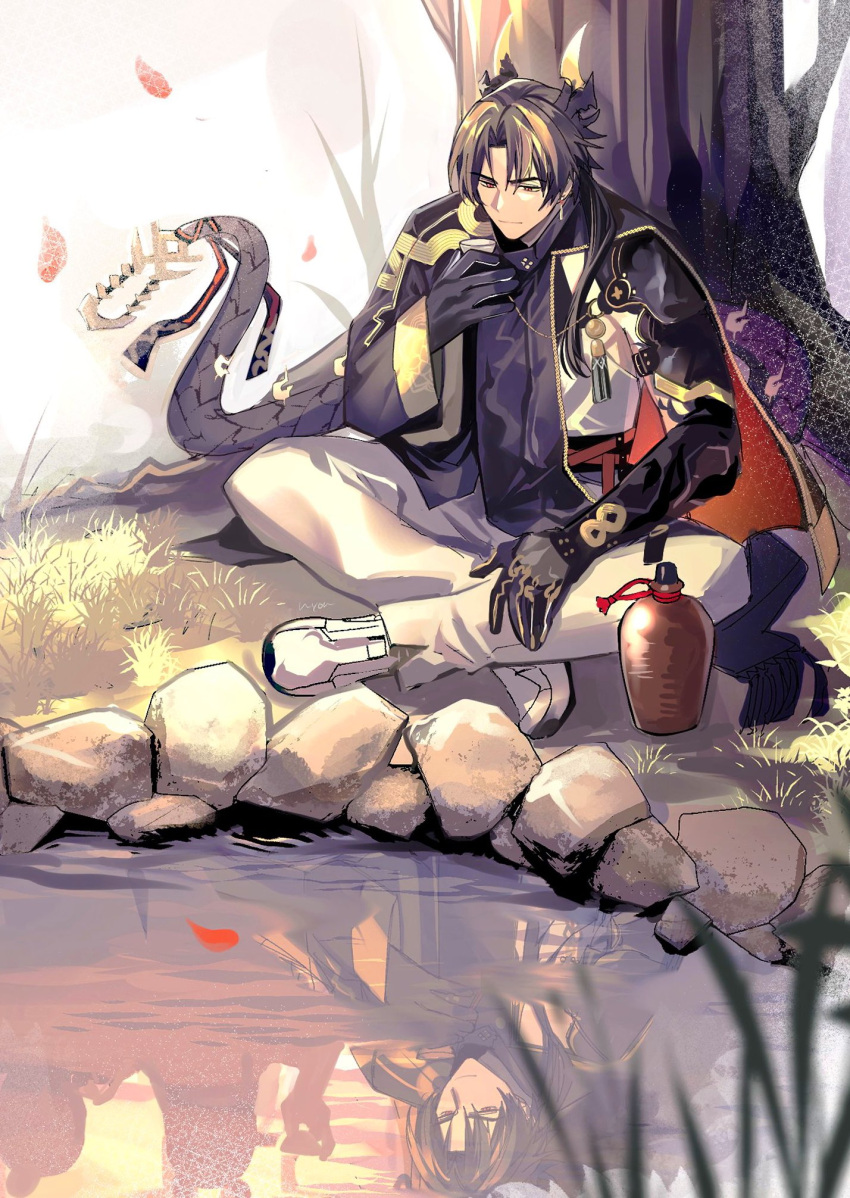1boy arknights armor black_capelet black_hair black_jacket black_skin bottle capelet chong_yue_(arknights) colored_skin cup dragon_boy dragon_horns dragon_tail earrings falling_petals full_body highres holding holding_cup horns indian_style jacket jewelry lake long_hair looking_at_object male_focus multicolored_skin natsumaro on_grass pants parted_bangs petals pointy_ears red_eyes reflection reflective_water rock shirt shoes shoulder_armor single_sleeve sitting smile solo tail tree under_tree white_footwear white_pants white_shirt