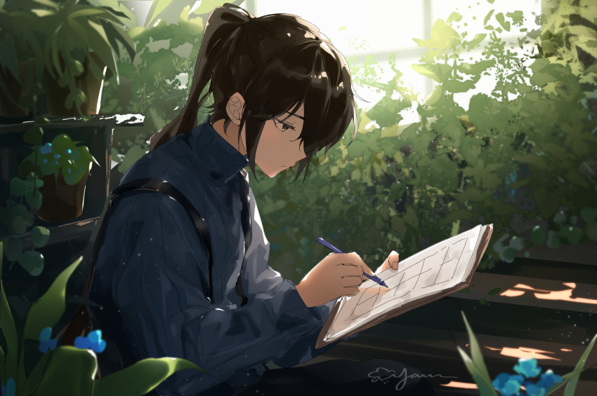 1boy blue_flower blue_shirt brown_hair flower high_ponytail highres holding holding_pen kunyetog long_hair long_sleeves looking_down male_focus pen plant potted_plant shirt solo tower_of_god twenty-fifth_bam writing