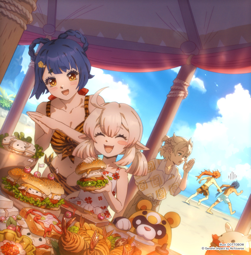 2girls 3boys :d ^_^ ahoge albedo_(genshin_impact) arm_behind_back barefoot beach bikini blonde_hair blue_hair blush_stickers child closed_eyes copyright dark_blue_hair day diluc_(genshin_impact) dottobow double-parted_bangs dutch_angle english_commentary fleeing food genshin_impact gloom_(expression) grabbing_another's_hair guoba_(genshin_impact) hair_between_eyes hand_up hands_up happy highres kaeya_(genshin_impact) klee_(genshin_impact) leaning_to_the_side long_hair looking_at_another male_swimwear medium_hair multiple_boys multiple_girls navel ocean one-piece_swimsuit open_mouth orange_hair outdoors own_hands_together pink_hair sand shirt short_hair short_twintails smile sparkle stomach swimsuit twintails very_long_hair xiangling_(genshin_impact) yellow_eyes
