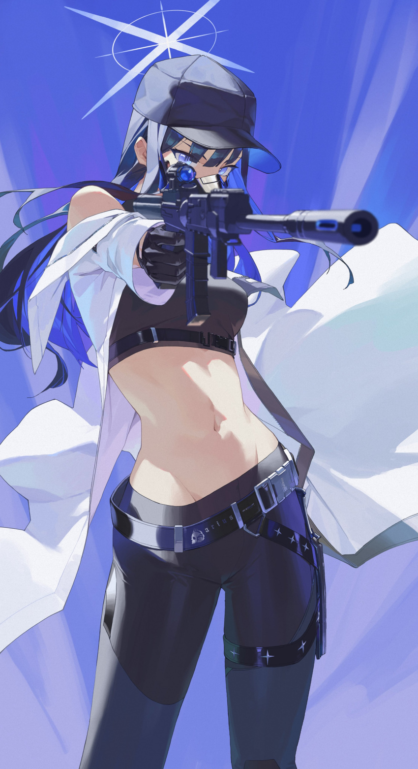 1girl absurdres bare_shoulders baseball_cap black_mask black_pants blue_archive blue_hair chest_harness coat colored_inner_hair crop_top halo harness hat highres li-mi long_hair mask mouth_mask multicolored_hair navel pants saori_(blue_archive) sig_516 sig_sauer snap-fit_buckle solo white_coat
