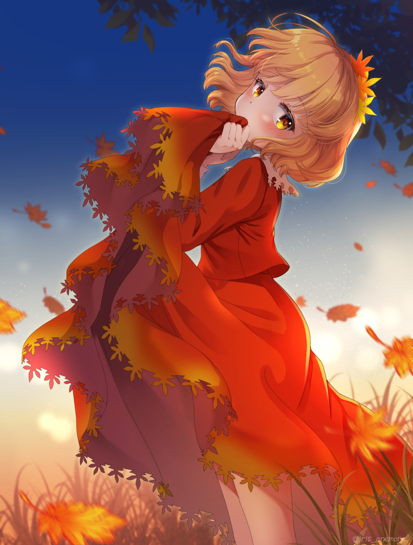 1girl aki_shizuha autumn autumn_leaves blonde_hair blush clothes_lift hair_ornament highres iris_anemone leaf leaf_hair_ornament lifted_by_self long_sleeves maple_leaf outdoors red_shirt red_skirt shirt short_hair skirt skirt_lift solo touhou yellow_eyes