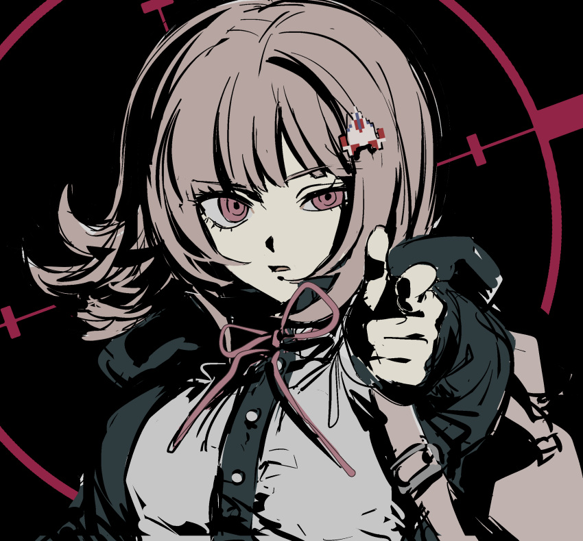 1girl :o black_background breasts brown_hair collared_shirt danganronpa_(series) danganronpa_2:_goodbye_despair dress_shirt flipped_hair hair_ornament harari highres jacket large_breasts long_sleeves looking_at_viewer medium_hair nanami_chiaki neck_ribbon open_clothes open_jacket pink_eyes pointing pointing_at_viewer ribbon shirt solo two-tone_shirt white_shirt