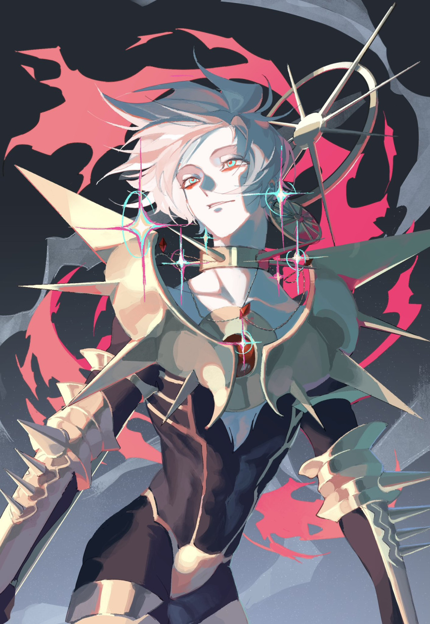 1boy blue_eyes collar earrings fate/grand_order fate_(series) gradient_background highres holding holding_polearm holding_weapon jewelry karna_(fate) looking_to_the_side male_focus pale_skin polearm sailin short_hair simple_background smile solo sparkle spear spiked_collar spikes standing upper_body weapon white_hair