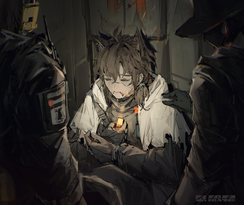 absurdres ace_(arknights) animal_ears arknights black_shirt blood blood_on_face brown_hair closed_eyes coat guard_(arknights) hat highres instrument ponytail qiumoyixing recorder rhodes_island_logo scar scar_on_face scout_(arknights) shirt short_hair spoilers tactical_clothes white_coat