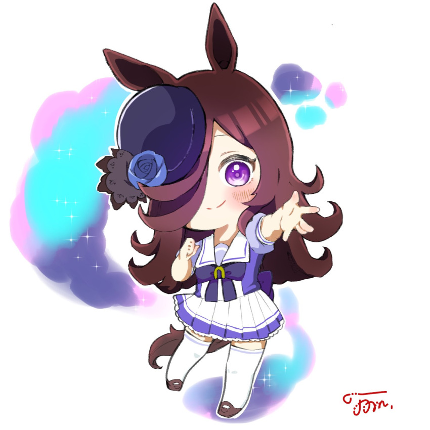 1girl animal_ears blue_flower blue_headwear blue_rose blush bow bowtie brown_footwear brown_hair chibi clenched_hand closed_mouth diffraction_spikes flower full_body hair_over_one_eye hat highres horse_ears horse_girl horse_tail long_hair outstretched_arm reaching reaching_towards_viewer rice_shower_(umamusume) rose sailor_collar sarijiyamu school_uniform shoes signature skirt smile solo standing tail thigh-highs tracen_school_uniform umamusume violet_eyes white_skirt white_thighhighs