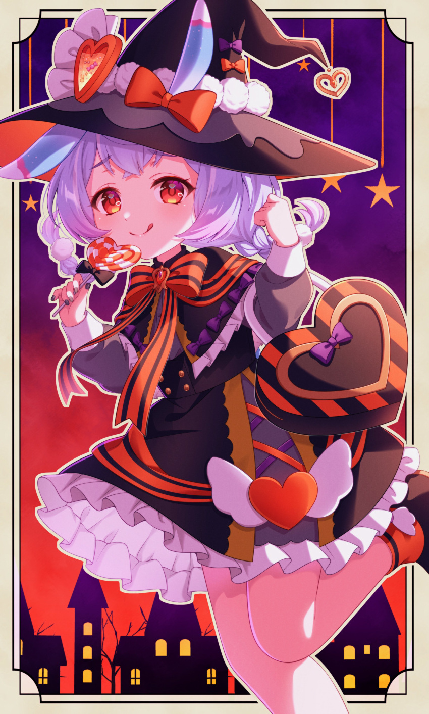 1girl :q absurdres animal_ears black_gloves black_headwear bow bowtie braid candy dress food genshin_impact gloves hair_between_eyes halloween hat hat_bow heart heart_lollipop highres holding holding_food lollipop long_sleeves multicolored_hair orange_bow orange_bowtie pochimaru_(marumaru_wanwan) purple_hair red_eyes shaped_lollipop shoes sigewinne_(genshin_impact) smile striped striped_bow striped_bowtie tongue tongue_out twin_braids twintails upper_body witch witch_hat