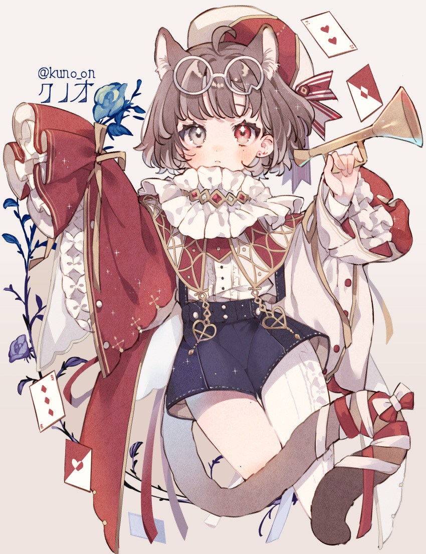 1girl absurdres animal_ears asymmetrical_legwear brown_hair cat_ears cat_tail character_name eyewear_on_head flower full_body hand_up hat highres holding holding_instrument instrument jikuno long_sleeves original short_hair shorts simple_background solo tail uneven_legwear