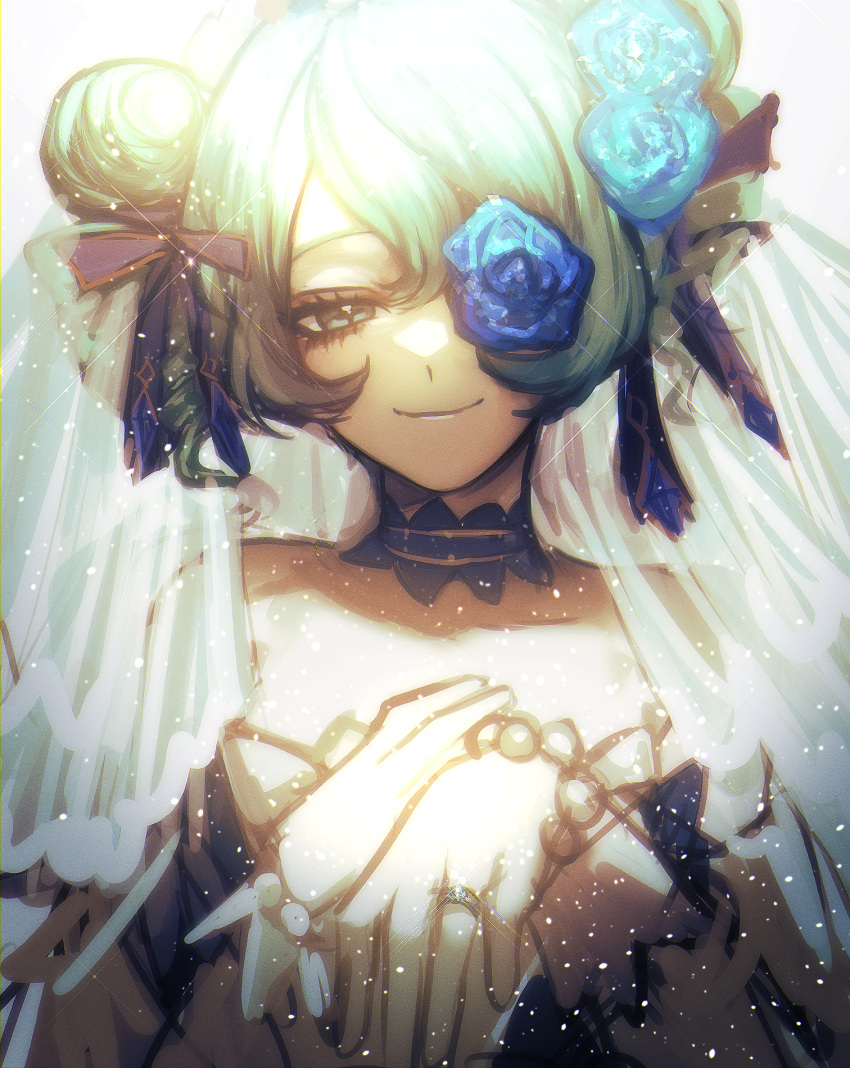 1girl bare_shoulders black_choker black_ribbon blue_flower choker closed_mouth collarbone double_bun drill_hair flower gwen_(league_of_legends) hair_bun hair_flower hair_ornament hair_ribbon half-closed_eye hands_up highres jewelry league_of_legends one_eye_covered prestige_crystal_rose_gwen ribbon ring smile solo twin_drills upper_body veil wcag3578