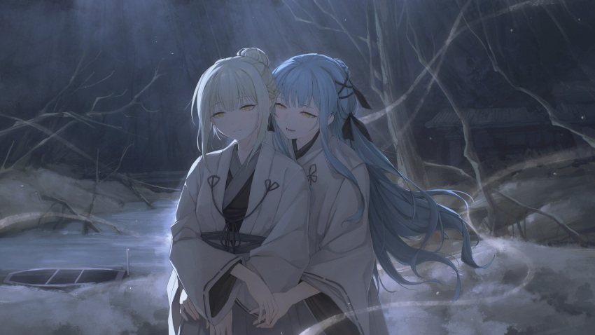 2girls absurdres bang_dream! bang_dream!_it's_mygo!!!!! blue_hair boat brh chinese_commentary closed_mouth commentary_request green_hair hair_bun hand_on_another's_waist highres long_hair long_sleeves lower_teeth_only multiple_girls open_mouth short_hair sidelocks single_hair_bun teeth togawa_sakiko tree wakaba_mutsumi watercraft white_background yellow_eyes yuri