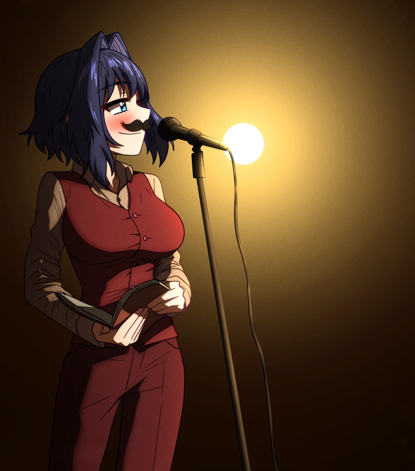 1girl absurdres blue_eyes blue_hair book breasts ddolbang fake_facial_hair fake_mustache highres hololive hololive_english joker_(2019) large_breasts microphone microphone_stand ouro_kronii smile solo suit virtual_youtuber