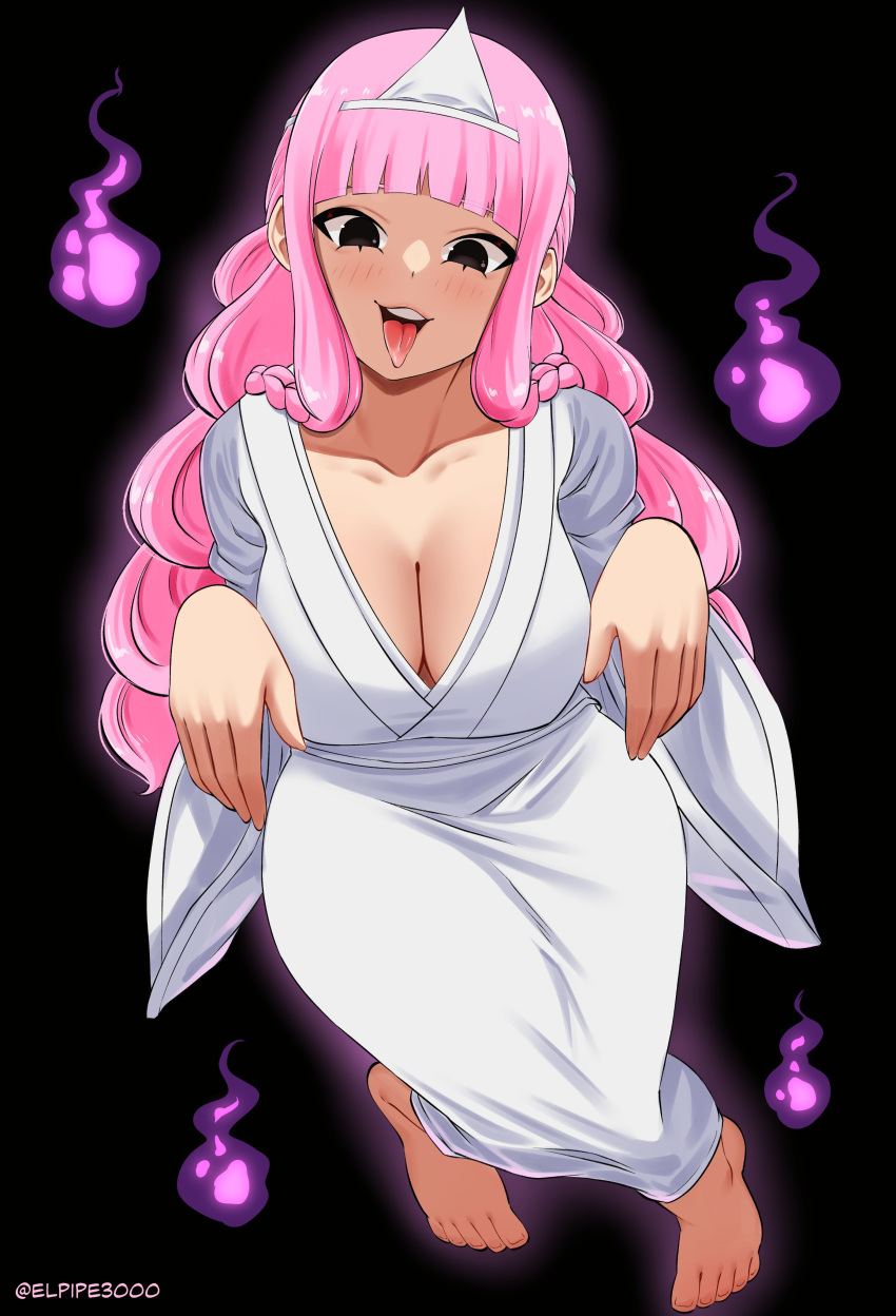 1girl absurdres breasts collarbone elpipe_3000 feet flying ghost highres long_hair looking_at_viewer one_piece open_mouth perona pink_hair solo teeth toes tongue