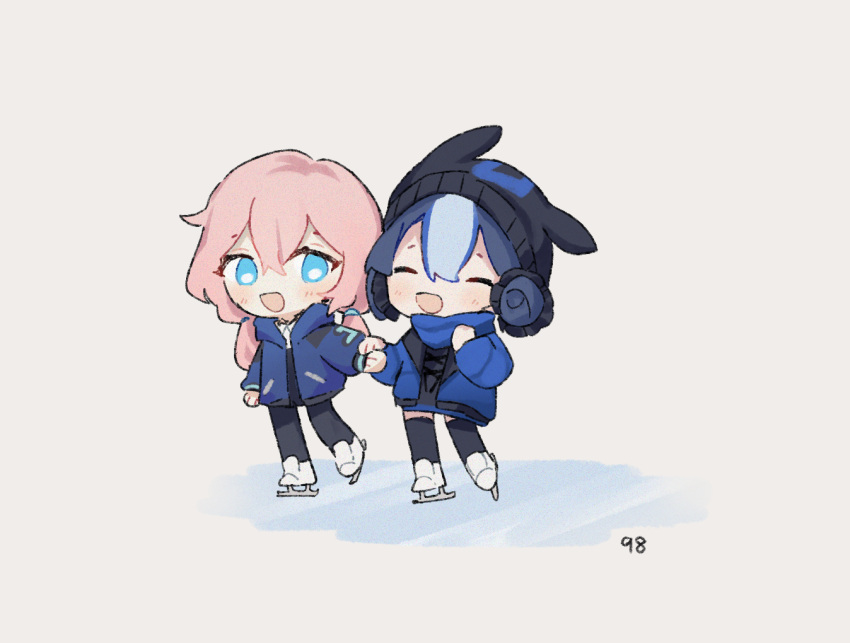 2girls :d arknights beanie black_headwear black_pantyhose black_ribbon black_thighhighs blue_eyes blue_hair blue_jacket blue_poison_(arknights) chibi closed_eyes dailybloopy full_body glaucus_(arknights) grey_background hair_between_eyes hat ice_skates ice_skating jacket light_blue_hair light_blush long_hair long_sleeves low_twintails multiple_girls neck_ribbon open_clothes open_jacket open_mouth pantyhose pink_hair ribbon shirt short_hair simple_background skates skating smile thigh-highs twintails white_shirt