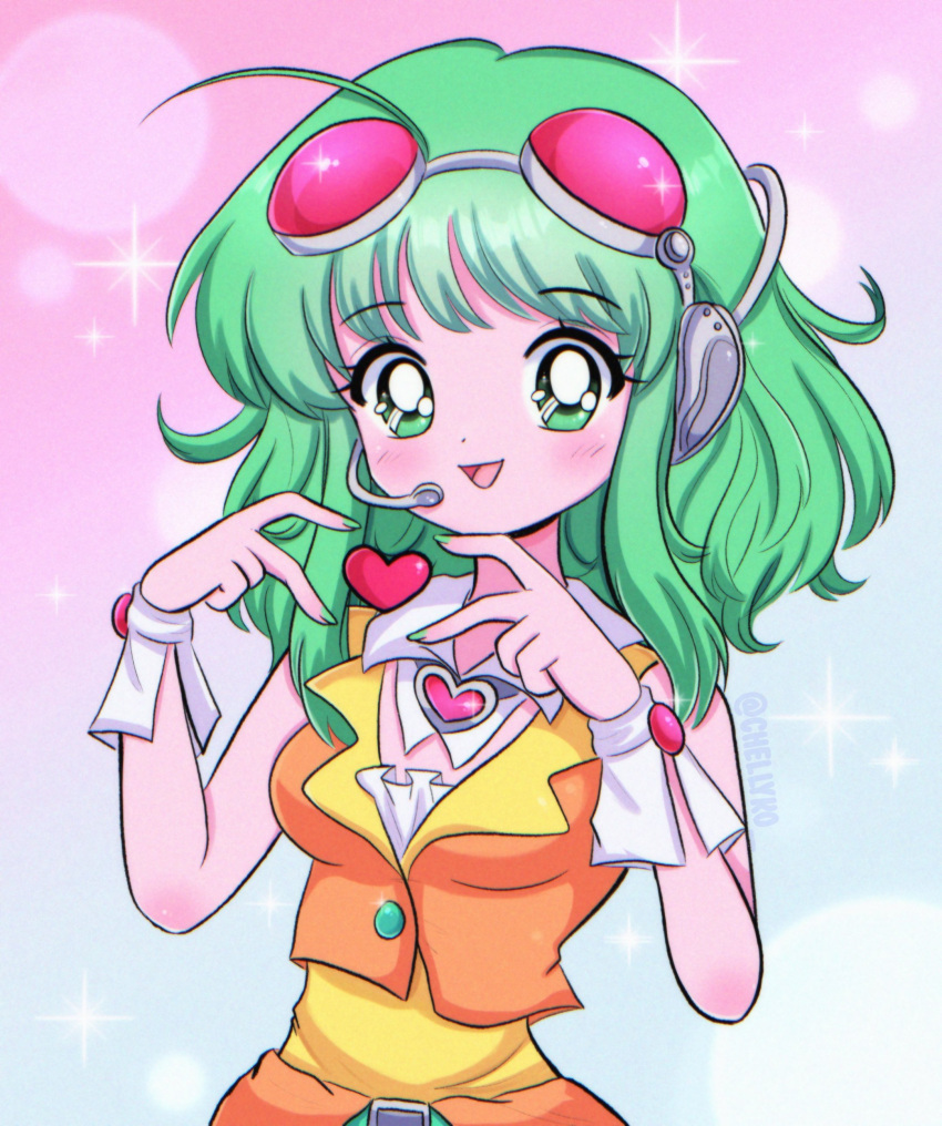 1990s_(style) 1girl :d absurdres artist_name bare_arms belt breasts brooch chelly_(chellyko) collar crop_top detached_collar dot_nose eyelashes goggles goggles_on_head gradient_background green_belt green_eyes green_hair green_nails gumi headphones headset heart heart_brooch heart_hands highres jewelry light_blush looking_at_viewer medium_breasts medium_hair microphone nail_polish open_mouth orange_shirt orange_skirt pink-tinted_eyewear red_goggles retro_artstyle shirt short_hair_with_long_locks sidelocks skirt sleeveless sleeveless_shirt smile solo sparkle tinted_eyewear tongue upper_body vocaloid white_collar white_wrist_cuffs wrist_cuffs yellow_shirt
