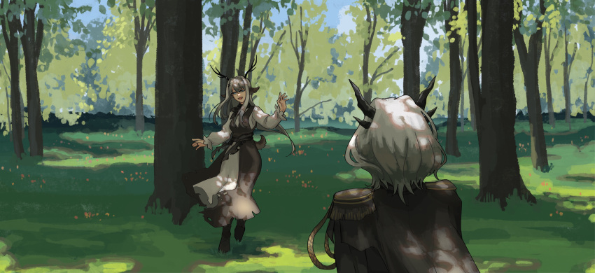 2girls absurdres alina_(arknights) animal_ears antlers arknights black_cape black_dress black_neckerchief blue_eyes blue_sky cape deer_antlers deer_ears deer_girl deer_tail dragon_girl dragon_horns dress epaulettes forest grass grey_hair highres horns long_hair long_sleeves multiple_girls nature neckerchief open_mouth outdoors pinafore_dress short_hair sky sleeveless sleeveless_dress standing tail talulah_(arknights) talulah_the_fighter_(arknights) tree yuec202108