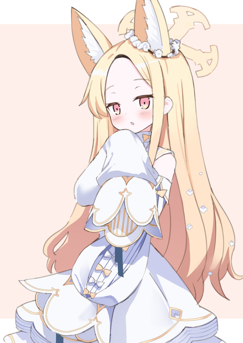 1girl animal_ear_fluff animal_ears bare_shoulders blonde_hair blue_archive blush detached_sleeves dress efu_(ehutan) extra_ears halo highres long_hair open_mouth seia_(blue_archive) sleeves_past_fingers sleeves_past_wrists solo white_dress white_sleeves yellow_eyes yellow_halo