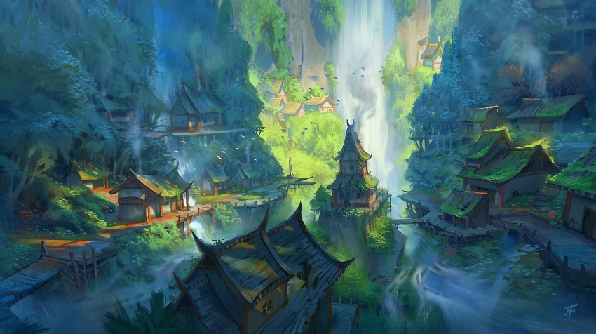 architecture bird building day east_asian_architecture fog highres hy_vong_(phong_canh) mountain no_humans original outdoors scenery simple_bird sky third-party_source village water waterfall