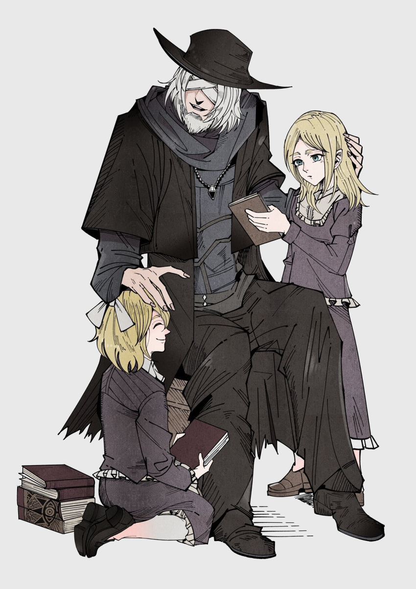 1boy 2girls bandages beard black_headwear blonde_hair bloodborne blue_eyes closed_eyes denny626 facial_hair father_and_daughter father_gascoigne highres jewelry medium_hair mixed-language_commentary multiple_girls necklace pile_of_books short_hair simple_background smile teeth white_background white_hair young_yharnam_girl_(bloodborne)