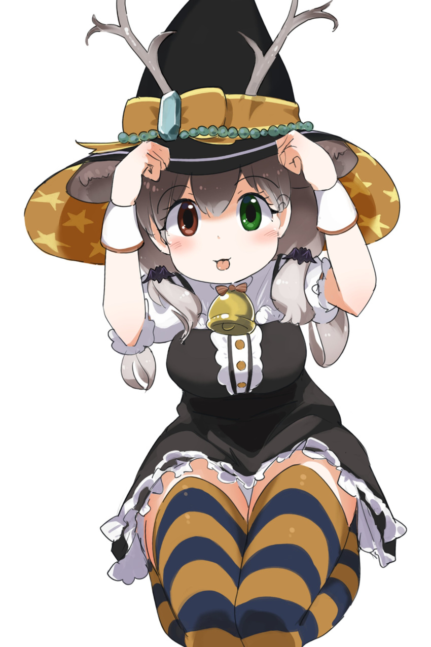 1girl :p absurdres animal_ears antlers bell black_dress blush bow bowtie brown_hair center_frills deer_ears dress extra_ears frilled_dress frills green_eyes halloween hat heterochromia highres iwa_(iwafish) kemono_friends kemono_friends_3 looking_at_viewer multicolored_hair neck_bell official_alternate_costume orange_thighhighs puffy_short_sleeves puffy_sleeves purple_thighhighs red_bow red_bowtie red_eyes reindeer_(kemono_friends) reindeer_antlers reindeer_girl shirt short_sleeves sitting solo striped striped_thighhighs thigh-highs tongue tongue_out twintails white_shirt witch witch_hat wrist_cuffs zettai_ryouiki