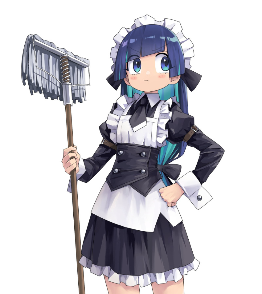 1girl apron aqua_hair black_bow blue_eyes blue_hair blush bow closed_mouth diagonal_bangs dress frills hair_bow hand_on_own_hip highres holding holding_mop juliet_sleeves long_hair long_sleeves low-tied_long_hair maid maid_headdress mop original puffy_sleeves simple_background solo white_apron white_background yachima_tana