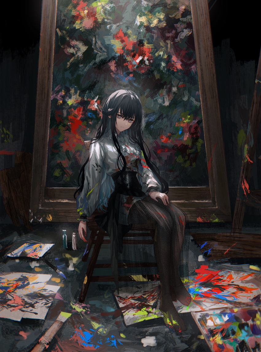 1girl asano_(kazusasn) barefoot black_hair blue_hair canvas_(object) colored_inner_hair expressionless grey_eyes hair_between_eyes highres long_hair looking_at_viewer multicolored_hair original paint_on_clothes paint_splatter paintbrush picture_frame see-through see-through_skirt shirt sitting skirt solo white_shirt