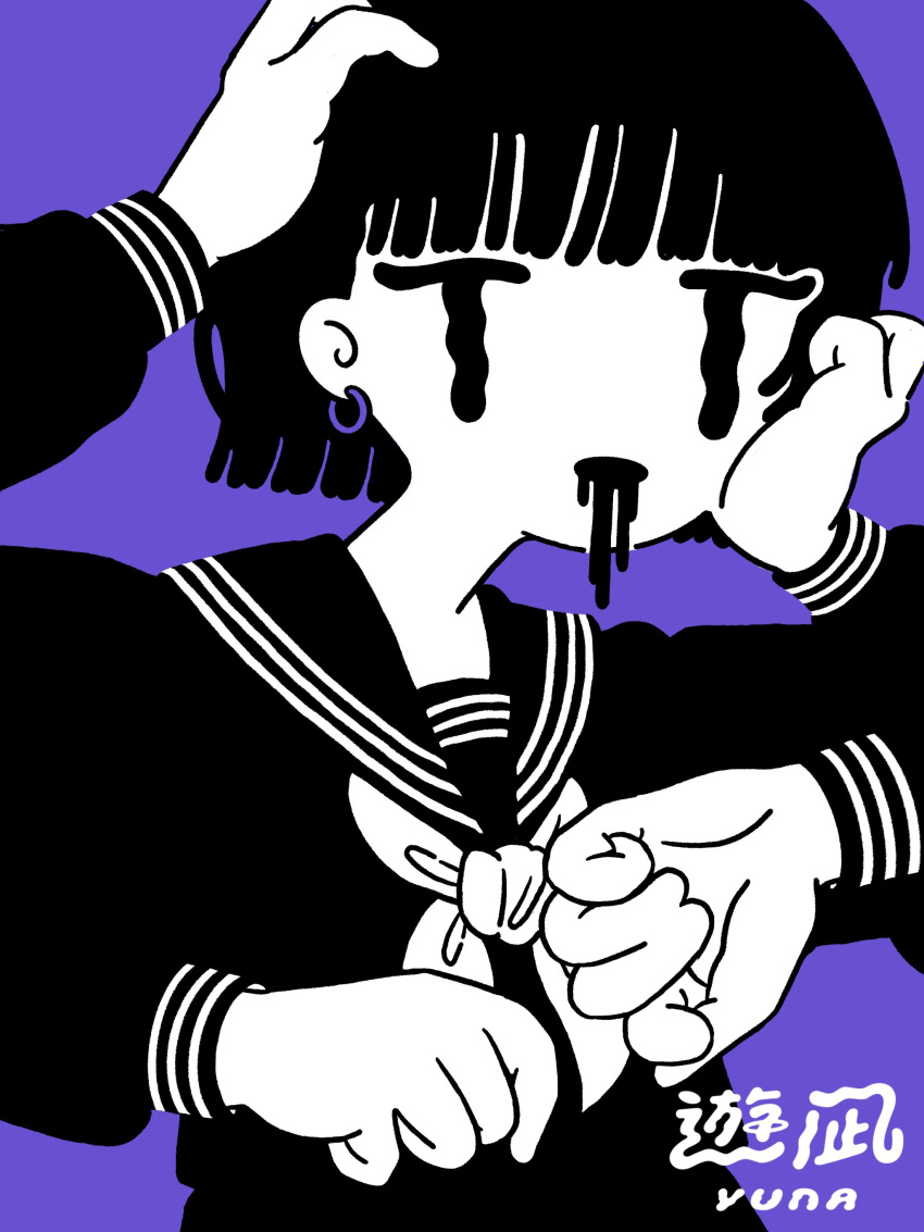 1girl absurdres arm_up artist_name blunt_bangs blunt_ends commentary earrings extra_arms greyscale_with_colored_background hand_on_own_cheek hand_on_own_face hand_on_own_head highres jewelry liquid_from_mouth long_sleeves looking_at_viewer neckerchief open_mouth original purple_background school_uniform serafuku short_hair simple_background solo spot_color upper_body wavy_eyes yuna_(the_boon_109)