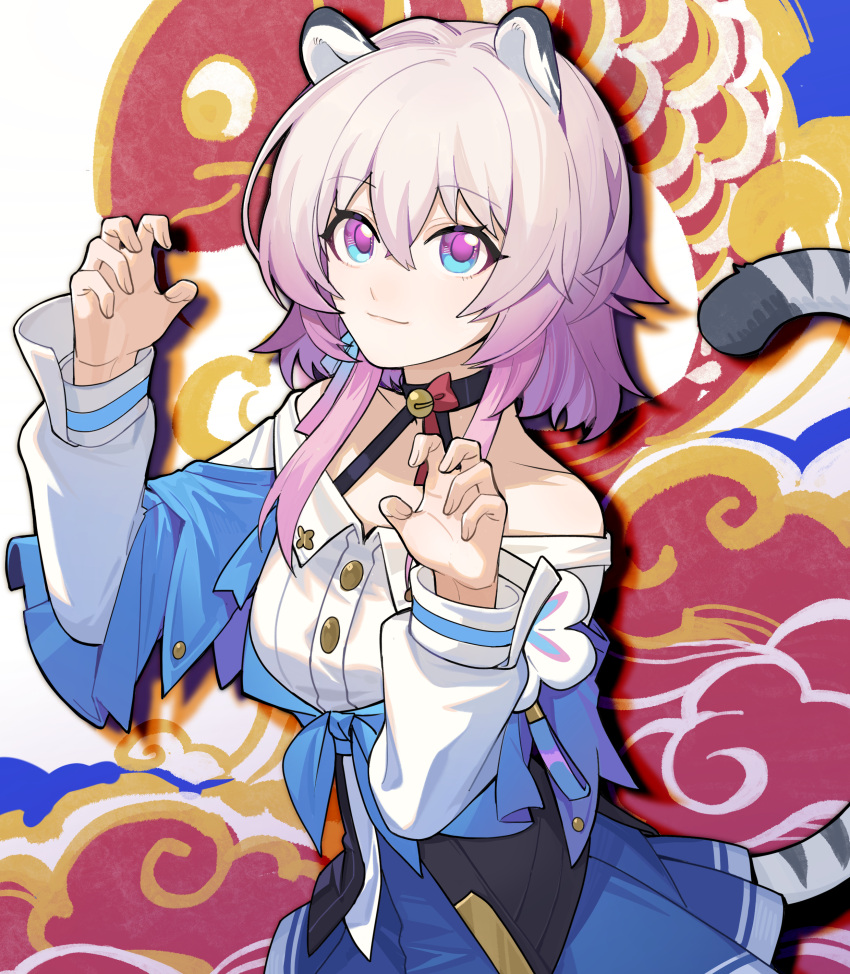 1girl absurdres animal_ears bare_shoulders black_choker black_corset blue_eyes blue_jacket blue_skirt choker closed_mouth corset cowboy_shot dress_shirt earrings flower_ornament hands_up highres honkai:_star_rail honkai_(series) jacket jewelry long_sleeves march_7th_(honkai:_star_rail) medium_hair miniskirt off_shoulder pink_eyes pink_hair pleated_skirt shirt single_earring skirt solo tail tail_under_clothes tied_jacket tiger_ears tiger_tail tuiqiao two-tone_eyes white_shirt