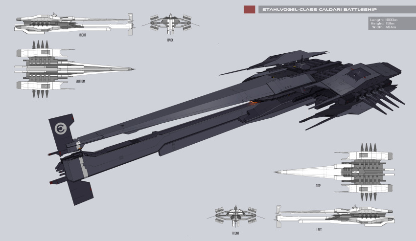 3d battleship_(eve_online) blueprint_(medium) caldari_state_(eve_online) commentary concept_art emblem eve_online from_side glowing grey_background grey_theme highres ignusdei military_vehicle multiple_views no_humans original reference_sheet science_fiction simple_background spacecraft vehicle_focus