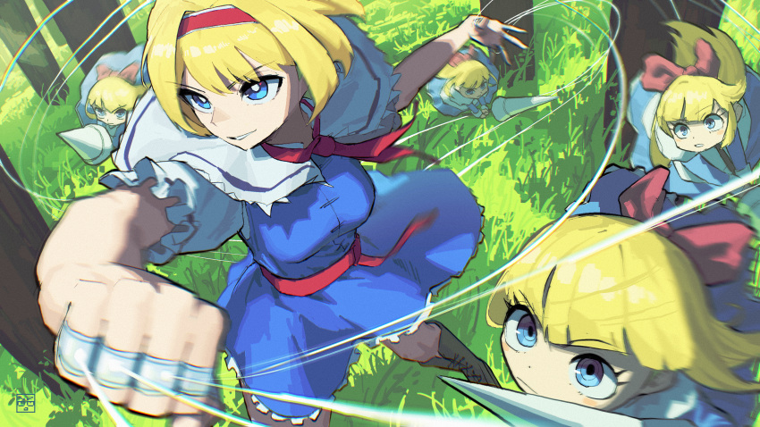 1girl absurdres alice_margatroid blast-7 blonde_hair blue_dress blue_eyes capelet doll dress foreshortening grass hairband highres jewelry medium_hair red_hairband ring string touhou white_capelet