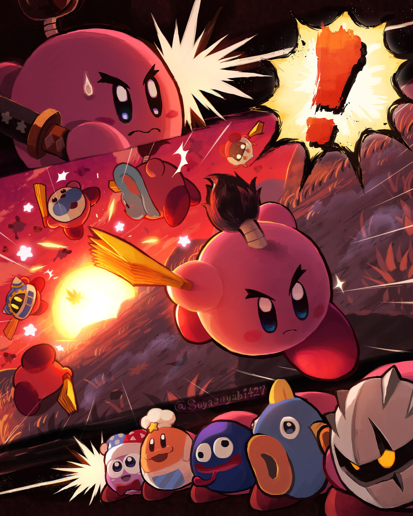 ! 6+others absurdres blush_stickers character_mask chef_kawasaki colored_skin dark_meta_knight elfilin gooey_(kirby) grass hand_fan highres kine_(kirby) kirby kirby's_return_to_dream_land_deluxe kirby_(series) magolor marx_(kirby) mask mr._frosty multiple_persona no_humans pink_skin sheath solid_oval_eyes sparkle star_(symbol) sun sunset suyasuyabi sweat taranza thick_eyebrows wavy_mouth