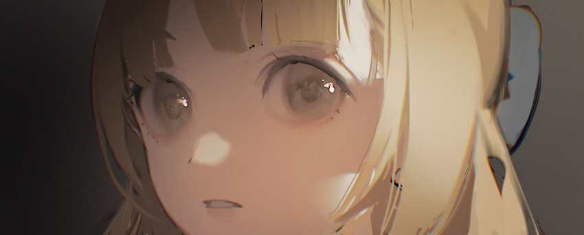 1girl absurdres blonde_hair blue_bow blunt_bangs bow character_request chongzhen_085 commentary copyright_request english_commentary eye_focus eyelashes grey_background grey_eyes hair_bow head_only highres looking_at_viewer parted_lips solo teeth