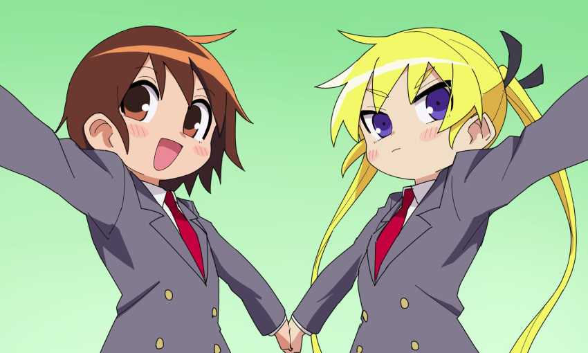 2girls blonde_hair blush brown_eyes brown_hair closed_mouth collared_shirt green_background hair_ribbon highres holding_hands jacket kill_me_baby long_hair long_sleeves looking_at_viewer multiple_girls necktie open_mouth oribe_yasuna red_necktie ribbon school_uniform shirt sonya_(kill_me_baby) twintails upper_body violet_eyes white_shirt yachima_tana