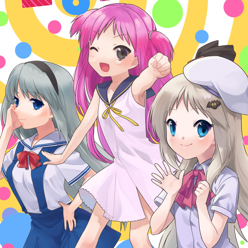 3girls ;d absurdres arm_at_side bat_hair_ornament beret black_hairband blue_eyes blue_skirt blush bow clannad clenched_hand closed_mouth commentary_request company_connection cowboy_shot crossover dress dress_shirt eyelashes grey_eyes grey_hair hair_ornament hairband hand_on_own_hip hands_up happy hat highres jumping katou_umi key_(company) little_busters! little_busters!_school_uniform long_hair looking_at_viewer may_salamanya multicolored_background multiple_crossover multiple_girls nose noumi_kudryavka one_eye_closed open_mouth outstretched_arm parted_bangs pink_bow purple_hair red_bow sailor_collar sailor_dress sakagami_tomoyo school_uniform shirt short_dress short_sleeves sidelocks simple_background skirt smile standing summer_pockets suspender_skirt suspenders tareme two_side_up upper_body v-shaped_eyebrows very_long_hair waving white_dress white_headwear white_sailor_collar white_shirt
