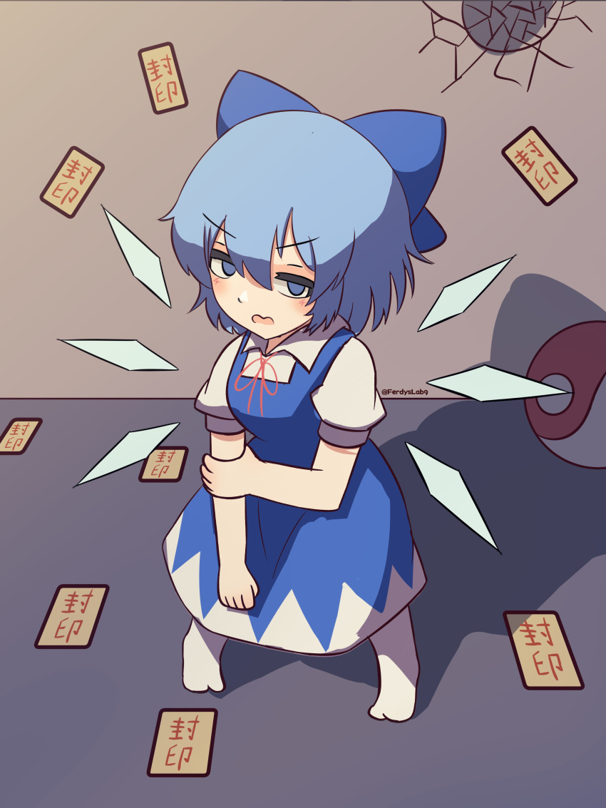 1girl absurdres blue_bow blue_dress blue_eyes blue_hair bow cirno collared_shirt commentary crack cracked_wall detached_wings dress english_commentary ferdy's_lab full_body hair_bow highres holding_own_arm ice ice_wings indoors looking_at_viewer ofuda open_mouth orb shirt short_hair short_sleeves solo standing touhou twitter_username white_shirt wings yin_yang yin_yang_orb